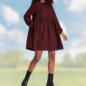 Wild Fable Burgundy Flannel Plaid Long Sleeve Dress